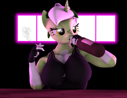 Size: 2797x2160 | Tagged: safe, artist:frostydream, imported from derpibooru, oc, oc only, oc:baetica castanets, anthro, unicorn, alcohol, anthro oc, bar, big breasts, billy herrington, black t-shirt, bottle, breasts, cigarette, drink, female, gachimuchi, horn, solo, unicorn oc, wine, wine bottle