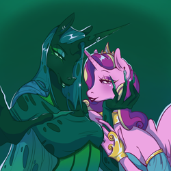 Size: 3000x3000 | Tagged: safe, artist:foxysslave, imported from derpibooru, princess cadance, queen chrysalis, alicorn, anthro, changeling, changeling queen, unguligrade anthro, female