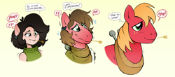 Size: 4000x1767 | Tagged: safe, artist:axiomtf, artist:redflare500, imported from derpibooru, big macintosh, earth pony, human, pony, bust, clothes, female, female to male, gradient background, human to pony, male, mind control, rule 63, speech bubble, straw in mouth, thought bubble, transformation, transformation sequence, transforming clothes, transgender transformation