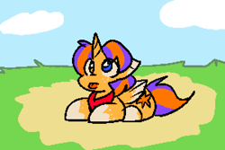 Size: 900x600 | Tagged: safe, artist:zutcha, imported from derpibooru, oc, oc only, alicorn, pony, bandana, floppy ears, freckles, heterochromia, looking up, lying down, male, outdoors, pixel-crisp art, prone, solo, stallion, tongue out