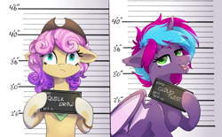 Size: 2154x1339 | Tagged: safe, artist:lambydwight, imported from derpibooru, oc, oc only, oc:cloud twist, oc:quickdraw, alicorn, bat pony, bat pony alicorn, earth pony, barbie mugshot meme, bat wings, bracelet, earth pony oc, fangs, female, femboy, hat, horn, jail, jewelry, male, mare, mare oc, meme, mugshot, relaxed, stallion, stallion oc, stressed, wings