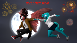 Size: 3840x2160 | Tagged: safe, artist:sorencreatesthings, imported from derpibooru, oc, oc:ben (sorencreatesthings), oc:n.a.v.i (sorencreatesthings), anthro, pegasus, unicorn, 3d, clothes, flying, happy new year, holiday, horn