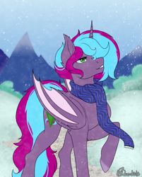 Size: 1421x1764 | Tagged: artist needed, safe, imported from derpibooru, oc, oc only, oc:cloud twist, alicorn, bat pony, bat pony alicorn, unicorn, bat wings, clothes, cute, folded wings, grass, horn, looking away, male, mountain, path, scarf, smiling, snow, snowfall, solo, stallion, wings