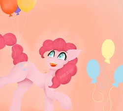 Size: 1024x926 | Tagged: safe, artist:yenne_sistint, imported from derpibooru, pinkie pie, earth pony, pony, balloon, female, happy, looking up, mare, open mouth, open smile, smiling, solo