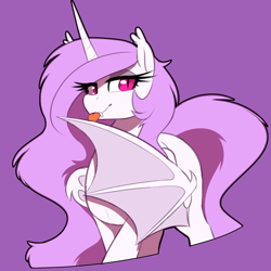 Size: 1000x1000 | Tagged: safe, artist:thebatfang, princess celestia, alicorn, bat pony, bat pony alicorn, pony, bat wings, batlestia, female, horn, mare, messy mane, mlem, pinklestia, silly, simple background, solo, tongue out, wings