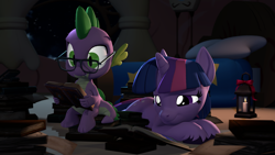 Size: 3840x2160 | Tagged: safe, artist:owlpirate, imported from derpibooru, spike, twilight sparkle, dragon, pony, unicorn, 3d, 4k, bookhorse, cute, duo, duo male and female, female, glasses, golden oaks library, high res, lying down, male, mare, night, prone, reading, source filmmaker, twiabetes, unicorn twilight, unshorn fetlocks