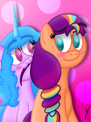 Size: 1620x2160 | Tagged: safe, artist:jesslmc16, imported from derpibooru, izzy moonbow, sunny starscout, earth pony, unicorn, :3, blushing, duo, duo female, eating, female, g5, gradient background, horn, lesbian, looking at each other, looking at someone, mane stripe sunny, moonscout, shipping, sitting, smiling, smiling at each other