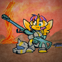 Size: 900x900 | Tagged: safe, artist:zutcha, imported from derpibooru, oc, oc only, alicorn, pony, armor, bipedal, fire, floppy ears, freckles, gun, helldivers 2, helmet, heterochromia, male, rifle, sniper rifle, solo, stallion, tornado, weapon