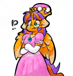 Size: 951x987 | Tagged: safe, artist:zutcha, imported from derpibooru, oc, oc only, alicorn, anthro, arm hooves, clothes, colored, confused, crossdressing, crown, dress, exclamation point, floppy ears, glasses, gloves, heterochromia, interrobang, jewelry, long gloves, male, princess peach, question mark, regalia, simple background, solo, stallion, super mario, super mario bros., white background