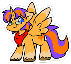 Size: 1199x1069 | Tagged: safe, artist:zutcha, imported from derpibooru, oc, oc only, alicorn, pony, alicorn oc, bandana, coat markings, heterochromia, horn, male, outline, simple background, smiling, smirk, socks (coat markings), solo, spread wings, stallion, transparent background, unshorn fetlocks, white outline, wings