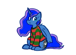 Size: 1459x1064 | Tagged: safe, artist:zutcha, imported from derpibooru, princess luna, alicorn, pony, clothes, female, mare, nightmare on elm street, simple background, sitting, solo, striped sweater, sweater, white background