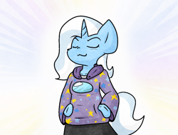 Size: 1052x801 | Tagged: safe, artist:zutcha, imported from derpibooru, trixie, anthro, unicorn, amogus, among us, clothes, eyes closed, hoodie, horn, meme, smiling, smug, solo