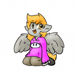 Size: 1378x1296 | Tagged: safe, artist:zutcha, imported from derpibooru, derpy hooves, pegasus, semi-anthro, arm hooves, clothes, eye clipping through hair, fall guys, female, hoodie, kneeling, mare, open mouth, open smile, simple background, smiling, solo, white background