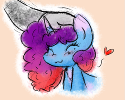 Size: 1081x864 | Tagged: safe, artist:zutcha, imported from derpibooru, human, pony, unicorn, blush lines, blushing, cute, daaaaaaaaaaaw, eyes closed, female, floating heart, g5, head pat, heart, horn, human on pony petting, mare, misty brightdawn, mistybetes, multicolored hair, offscreen character, orange background, pat, petting, rebirth misty, simple background, smiling, solo focus, weapons-grade cute