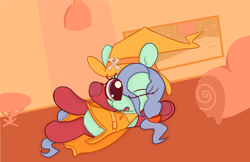 Size: 1784x1154 | Tagged: safe, artist:violavaquita, petunia paleo, earth pony, belly button, bow, clothes, female, filly, hat, monochrome background, open mouth, orange background, prone, raised hoof, simple background, socks, solo, table, winking at you, witch, witch hat