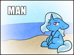 Size: 1481x1113 | Tagged: safe, artist:zutcha, imported from derpibooru, trixie, pony, unicorn, beach, chest fluff, cute, diatrixes, female, floppy ears, frown, horn, man, man (meme), mare, meme, no pupils, ocean, sitting, solo, text, water