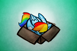 Size: 1340x896 | Tagged: safe, artist:zutcha, imported from derpibooru, rainbow dash, pegasus, pony, behaving like a cat, box, cardboard box, cute, dashabetes, eyes closed, female, if i fits i sits, lying down, mare, pony in a box, prone, sleeping, solo