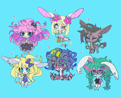 Size: 1511x1218 | Tagged: safe, artist:cutesykill, imported from derpibooru, part of a set, oc, oc only, oc:maria, oc:mmu, oc:risu, oc:rusakko, oc:soabun, oc:yökyöri, anthro, big cat, demon, donkey, hybrid, mule, pony, rabbit, tiger, unicorn, animal, axe, bag, ball jointed doll, band-aid on nose, bandage, bandaged, bandaged leg, bandaid, bangs, beanbrows, beauty mark, bell, big ears, big eyes, black bow, black dress, blind, blonde hair, blonde mane, blue background, blue bow, blue eyelashes, blue eyes, blue hair, blue sclera, blue teeth, body scar, bodysuit, boob window, bow, braid, braided pigtails, cheek fluff, chest fluff, chibi, clothes, colored belly, colored ears, colored eyebrows, colored eyelashes, colored horn, colored paws, colored pinnae, colored pupils, colored sclera, colored teeth, crooked horn, cyan background, doll, donkey oc, dress, ear fluff, ear piercing, ear scar, earring, eye scar, eyebrows, eyelashes, facial scar, female, female oc, floppy ears, flower, flower in hair, flower pot, flowing hair, frilly dress, frown, furry, glasses, gray mane, gray tail, green hair, group, hair accessory, hair bow, hair tie, hairclip, heart earring, holding, hooped earrings, horn, humanoid, jewelry, leg markings, leg scar, leg stripes, leonine tail, light skin, long description, long ears, long hair, long horn, long mane, long tail, looking at you, lore in description, mane accessory, mare, mare oc, milk carton, monster, mule oc, narrowed eyes, no catchlights, non-pony oc, numbers, pale belly, paws, piercing, pigtails, pink eyes, pink hair, pink pupils, purple coat, saddle bag, satchel, scar, sextet, sharp teeth, shirt, simple background, sitting, slit pupils, smiling, smiling at you, spiky mane, spiky tail, square glasses, standing, star earring, straight hair, stripes, tail, tail band, tail fluff, tail scar, teal eyes, teeth, thick eyelashes, thin tail, three quarter view, tied hair, torn clothes, toy, two toned coat, two toned horn, unicorn oc, wall of tags, weapon, white fur, x eyes