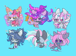 Size: 1511x1117 | Tagged: safe, artist:cutesykill, imported from derpibooru, part of a set, oc, oc only, oc:bubblebite, oc:kalyna, oc:luleya, oc:princess marshmallow, oc:shokoshu, oc:toothpaste (cutesykill), alicorn, fish, merpony, monster pony, pony, unicorn, alicorn oc, bandage, bandaged, bandaged body, bandaged head, bandaged leg, bandaged neck, beanbrows, beauty mark, big ears, big eyes, big mane, big tail, blaze (coat marking), blue background, blue eyes, blue mane, blue mouth, blue sclera, blue tail, blue teeth, body markings, chibi, clothes, coat markings, colored eyebrows, colored horn, colored horntip, colored mouth, colored pinnae, colored sclera, colored tail, colored teeth, coolored horn, cyan background, decapitated, dress, ear piercing, earring, eye clipping through hair, eyebrows, eyelashes, facial markings, female, female oc, fins, floating head, folded wings, freckles, frilly dress, frown, gray coat, group, hair accessory, heart earring, holding, hooped earrings, horn, jewelry, knife, leg markings, leg stripes, lolita fashion, long description, long mane, long tail, looking at you, lying down, male, male oc, mane accessory, mare, mare oc, mealy mouth (coat marking), mouth hold, narrowed eyes, no catchlights, numbers, open mouth, orange coat, piercing, pink bow, pink dress, pink eyes, pink teeth, plushie, ponyloaf, ponytail, princess, princess oc, prone, purple body, purple coat, purple eyes, purple tail, rearing, ringlets, sextet, sharp teeth, simple background, slit pupils, smiling, smiling at you, socks (coat markings), spiky mane, spiky tail, stallion, stallion oc, standing, star earring, striped coat, striped mane, striped tail, stripes, tail, tail fin, tail markings, teeth, tentacle hair, tentacle mane, thick eyelashes, thick tail, three toned mane, turned head, two toned horn, two toned mane, two toned tail, unicorn horn, unicorn oc, unusual pupils, wall of tags, white coat, wings