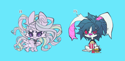 Size: 1255x616 | Tagged: safe, artist:cutesykill, imported from derpibooru, part of a set, oc, oc only, oc:lupus, oc:sugarspill, alicorn, anthro, monster pony, pony, rabbit, seraph, alicorn oc, animal, band-aid on nose, bandage, bandaged, bandaged leg, bandaged wing, bandaid, beanbrows, big ears, big eyes, black tail, blue background, blue hair, blue sclera, burger, cheek fluff, cheeseburger, chibi, clothes, coat markings, colored eyebrows, colored eyelashes, colored pinnae, colored sclera, colored tail, cyan background, duo, duo female, ear fluff, ear piercing, earring, eyebrows, eyelashes, facial markings, female, female oc, flowing mane, flowing tail, folded wings, food, four wings, french fries, frown, furry, gradient hair, hamburger, horn, jewelry, leg fluff, leg markings, long description, long ears, long mane, long tail, mare, mare oc, mcdonald's, multiple wings, no catchlights, non-pony oc, numbers, peytral, piercing, popcorn, purple eyelashes, purple eyes, purple mane, purple sclera, purple tail, red eyes, shirt, simple background, sitting, spiky tail, standing, striped horn, striped wings, swirls, swirly markings, t-shirt, tail, thick eyelashes, three toned horn, three toned mane, three toned tail, turned head, two toned tail, unicorn horn, unusual pupils, white fur, wing markings, wing stripes, wings