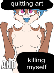 Size: 1801x2446 | Tagged: safe, artist:itskaarts, artist:pukifurs, imported from derpibooru, oc, oc only, oc:lissy fluffball, anthro, pegasus, breasts, cheek fluff, chest fluff, cute, ear fluff, featureless breasts, female, fluffy, happy, implied suicide, looking up, mare, meme, open mouth, redraw, shoulder fluff, simple background, smiling, solo, suicide joke