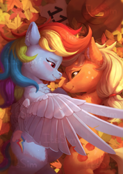 Size: 2277x3220 | Tagged: safe, artist:itssim, imported from derpibooru, applejack, rainbow dash, earth pony, pegasus, pony, fall weather friends, appledash, applejack's hat, autumn, blushing, butt, chest fluff, cowboy hat, duo, duo female, ear fluff, eye contact, female, fluffy, freckles, hat, leaves, lesbian, lightly watermarked, looking at each other, looking at someone, lying down, mare, my little pony, on side, one wing out, plot, running of the leaves, shipping, smiling, smiling at each other, watermark, wings