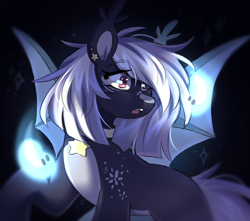 Size: 2048x1807 | Tagged: safe, artist:cheekipone, oc, oc only, bat pony, pony, bat pony oc, bat wings, choker, coat markings, dark, ear piercing, ear tufts, eyebrows visible through hair, facial markings, fangs, female, mare, open mouth, piercing, raised hoof, snip (coat marking), solo, sparkles, spread wings, standing, stars, surprised, unshorn fetlocks, wings, wisp