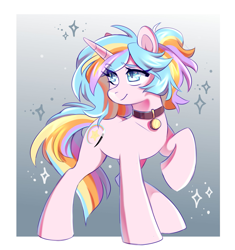 Size: 1929x2048 | Tagged: safe, artist:cheekipone, oc, oc only, oc:oofy colorful, pony, unicorn, collar, eye clipping through hair, eyebrows visible through hair, female, horn, mare, passepartout, raised hoof, smiling, solo, sparkles, standing, unicorn horn, unicorn oc, unshorn fetlocks