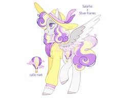 Size: 2048x1592 | Tagged: safe, artist:anemonaii, imported from derpibooru, oc, oc only, pegasus, pony, adoptable, adoptable open, blaze (coat marking), blouse, cardigan, coat markings, colored ears, colored hooves, colored lineart, colored pinnae, colored pupils, colored wings, curly mane, curly tail, eyelashes, facial markings, feathered wings, female, female oc, fusion, fusion:silver frames, fusion:surprise, g3, gradient legs, gray coat, gray hooves, gray wings, hat, hooves, mare oc, obtrusive watermark, pegasus oc, purple eyes, purple pupils, purple text, raised leg, signature, silver coat, simple background, smiling, socks (coat markings), solo, spread wings, standing, standing on three hooves, sun hat, tail, two toned eyes, two toned mane, two toned tail, two toned wings, wall of tags, watermark, white background, wings