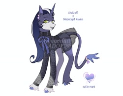 Size: 2048x1592 | Tagged: safe, artist:anemonaii, imported from derpibooru, sheer silk, oc, oc only, ahuizotl (species), hybrid, pony, unicorn, adoptable, adoptable open, bald face, beauty mark, black lipstick, blaze (coat marking), blue coat, blue hair, blue hooves, blue tail, claws, clothes, coat markings, colored claws, colored hooves, colored pinnae, concave belly, cutie mark on hybrid, ear piercing, earring, eye markings, eyelashes, facial markings, female, female oc, fetlock tuft, fusion, fusion:ahuizotl, fusion:moonlight raven, gradient hair, green eyes, hooves, horn, hybrid fusion, hybrid oc, jewelry, lace, lace stockings, leonine tail, lipstick, long hair, long mane, looking at you, mare, mare oc, neck ribbon, obtrusive watermark, piercing, prehensile tail, raised leg, see-through, see-through skirt, sheer stockings, shiny horn, shirt, signature, simple background, skirt, slender, smiling, smiling at you, socks, solo, standing, standing on three hooves, star mark, stars, stockings, straight hair, straight mane, striped hair, striped mane, tail, tail hand, thigh highs, thin, three quarter view, turned head, two toned mane, two toned tail, unicorn horn, unicorn oc, unshorn fetlocks, wall of tags, watermark, white background