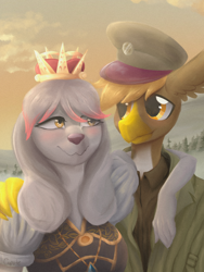 Size: 1668x2224 | Tagged: safe, artist:cupute, imported from derpibooru, oc, oc:grimes brandt, oc:princess molly, diamond dog, griffon, equestria at war mod, blushing, clothes, crown, diamond dog oc, dress, griffon oc, jewelry, military cap, necklace, regalia, royalty, sky, smiling, yellow eyes