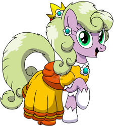 Size: 2334x2579 | Tagged: safe, artist:yourboimario, imported from derpibooru, daisy, flower wishes, earth pony, pony, clothes, crown, dress, ear piercing, earring, gloves, happy, jewelry, piercing, princess daisy, pun, regalia, solo, super mario, visual pun