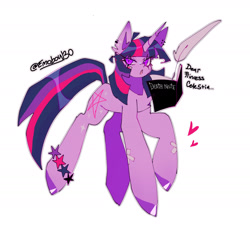 Size: 1897x1715 | Tagged: safe, artist:emoboy130, imported from derpibooru, twilight sparkle, pony, unicorn, alternate cutie mark, bandaid, big hooves, book, bracelet, chest fluff, coat markings, colored eartips, colored pinnae, dear princess celestia, death note, ear fluff, ear piercing, earring, eye clipping through hair, eyelashes, eyeshadow, facial markings, female, floating heart, heart, helix piercing, horn, implied princess celestia, jewelry, long legs, long mane, long tail, looking back, magic, makeup, mare, open book, open mouth, outline, pentagram, piercing, purple coat, purple eyes, purple eyeshadow, purple hooves, quill pen, raised hoof, shiny hooves, shiny mane, shiny tail, signature, simple background, slit pupils, star (coat marking), straight mane, straight tail, tail, telekinesis, three quarter view, three toned mane, three toned tail, unicorn horn, unicorn twilight, white background, white outline