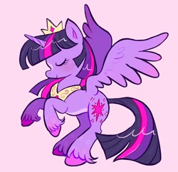 Size: 2048x1984 | Tagged: safe, artist:alexbeeza, imported from derpibooru, twilight sparkle, alicorn, pony, alternate design, bangs, blaze (coat marking), blushing, coat markings, colored belly, colored hooves, colored pinnae, colored wings, colored wingtips, concave belly, crown, cute, eyelashes, eyes closed, facial markings, feathered wings, female, fetlock tuft, gradient legs, gradient wingtips, hooves, horn, jewelry, leg markings, long mane, long tail, mare, pale belly, pink background, pink hooves, pink wingtips, profile, purple coat, rearing, regalia, simple background, solo, spread wings, star mark, stars, straight mane, straight tail, tail, three toned mane, three toned tail, twiabetes, twilight sparkle (alicorn), unicorn horn, unshorn fetlocks, wings