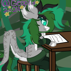 Size: 2000x2000 | Tagged: safe, artist:geoplix, imported from derpibooru, oc, oc:geoplix, draconequus, big mane, chair, clothes, four ears, long tail, paws, reading, sitting, socks, table, tail