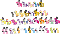 Size: 3958x2267 | Tagged: safe, artist:selenaede, artist:victorfazbear, imported from derpibooru, applejack, bon bon, candy mane, cupcake (g4), fizzypop, fluttershy, pinkie pie, plumsweet, rainbow dash, rarity, sprinkle stripe, sugar grape, sweetcream scoops, sweetie drops, sweetie swirl, twilight sparkle, alicorn, earth pony, pegasus, pony, robot, robot pony, unicorn, animatronic, applefreddy, base, base used, bowtie, clothes, cowboy hat, crossover, cupcake, endoskeleton, female, five nights at freddy's, five nights at pinkie's, folded wings, food, golden applejack, golden pinkie, hat, horn, mare, minty (g4), open mouth, open smile, pinkamena diane pie, pinkie fazpie, recolor, simple background, smiling, surprise (g4), template, top hat, transparent background, twilight sparkle (alicorn), wings