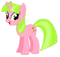 Size: 410x391 | Tagged: safe, artist:selenaede, artist:user15432, imported from derpibooru, pick-a-lily, pony, unicorn, base used, generation leap, green eyes, green mane, green tail, horn, looking at you, not twilight sparkle, open mouth, open smile, pink coat, recolor, simple background, smiling, solo, tail, transparent background