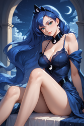 Size: 1024x1536 | Tagged: safe, imported from twibooru, princess luna, human, ai content, ai generated, blushing, clothes, cloud, dress, female, generator:prefect pony xl, humanized, image, jewelry, legs, looking at you, moon, night, png, prompter:iamahuman, regalia, sexy, sitting, solo, solo female