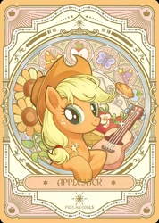 Size: 1284x1799 | Tagged: safe, imported from derpibooru, applejack, butterfly, earth pony, pony, apple, apple pie, badge, basket, card, cutie mark, flower, food, guitar, hat, kayou, looking at you, merchandise, musical instrument, official, pie, smiling, solo, stained glass, sunflower, text