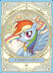 Size: 1284x1786 | Tagged: safe, imported from derpibooru, rainbow dash, pegasus, pony, card, cloud, cutie mark, kayou, looking at you, looking up, medal, merchandise, official, smiling, smiling at you, solo, spread wings, stained glass, stars, stripes, text, wings