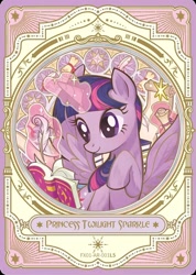 Size: 1284x1799 | Tagged: safe, imported from derpibooru, twilight sparkle, alicorn, pony, book, card, cutie mark, kayou, magic, magic aura, merchandise, official, pen, scroll, smiling, solo, spread wings, stained glass, stars, text, twilight sparkle (alicorn), wings, writing