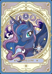 Size: 1283x1802 | Tagged: safe, imported from derpibooru, princess luna, alicorn, pony, card, cloud, crown, cutie mark, flowing mane, jewelry, kayou, long hair, looking at you, merchandise, moon, necklace, official, regalia, slender, smiling, solo, spread wings, stained glass, stars, text, thin, wings