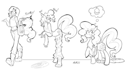 Size: 1432x791 | Tagged: safe, artist:drzootsuit, imported from derpibooru, pinkie pie, earth pony, human, pony, :p, clothes, cupcake, female, food, human to pony, lineart, monochrome, pants, thought bubble, tongue out, transformation, transformation sequence