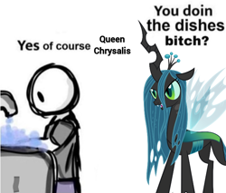 Size: 720x613 | Tagged: safe, imported from derpibooru, queen chrysalis, changeling, changeling queen, human, dishes, female, human male, male, meme, sink