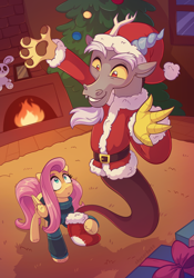 Size: 1772x2528 | Tagged: safe, artist:skysorbett, imported from derpibooru, discord, fluttershy, draconequus, pegasus, pony, carpet, christmas, christmas stocking, christmas tree, clothes, costume, cozy, discord being discord, duo, duo male and female, female, fireplace, hat, high angle, holiday, hoof hold, indoors, looking up, male, mare, present, santa costume, santa hat, surprised, sweater, tree, winter