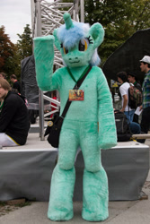 Size: 1667x2500 | Tagged: safe, imported from derpibooru, lyra heartstrings, human, 2015, fursuit, galacon, irl, irl human, outdoors, photo, ponysuit, solo focus, waving