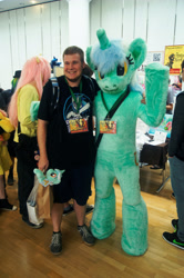 Size: 3264x4912 | Tagged: safe, imported from derpibooru, lyra heartstrings, human, 2015, duo focus, fursuit, galacon, indoors, irl, irl human, photo, ponysuit, waving