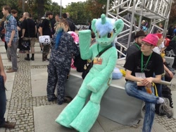 Size: 1296x968 | Tagged: safe, imported from derpibooru, lyra heartstrings, human, 2015, fursuit, galacon, group, irl, irl human, outdoors, photo, ponysuit, sitting, waving