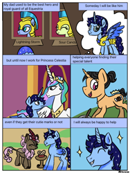 Size: 768x1024 | Tagged: safe, artist:wrath-marionphauna, imported from derpibooru, princess celestia, oc, oc:blue thunder, oc:lightning storm, oc:sour candy, alicorn, kirin, bread, commission, food, kirin oc, throne