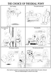 Size: 3975x5686 | Tagged: safe, artist:lillslim, imported from derpibooru, applejack, fluttershy, pinkie pie, rainbow dash, rarity, spike, twilight sparkle, oc, oc:anon, alicorn, earth pony, human, pegasus, pony, unicorn, comic, crosshatch, dialogue, drawthread, furniture, horn, lineart, mane six, monochrome, requested art